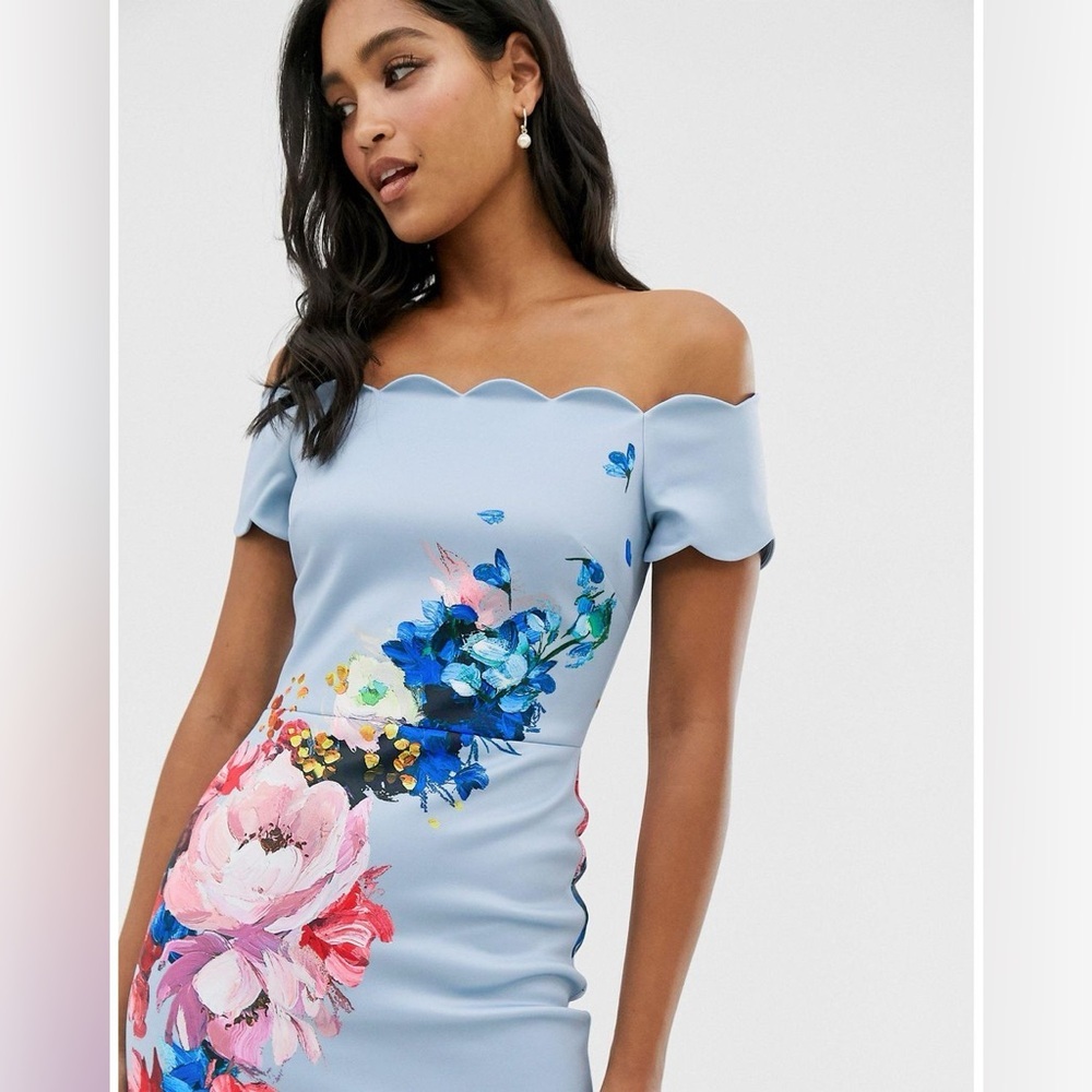 Ted Baker London Powder Blue Floral Off-Shoulder Midi Dress - Picture 4 of 15